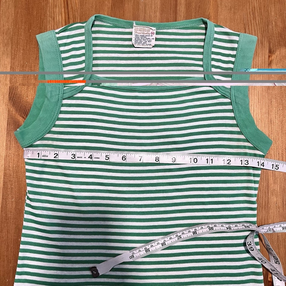 Vintage 70's/80's Retro T-Shirt Medium Green White Striped Muscle Tee Fits Small - Picture 9 of 10